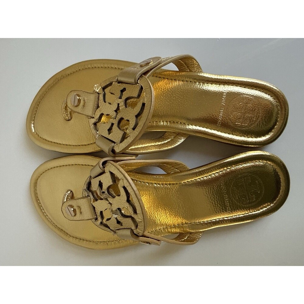 Tory Burch Miller Metallic Gold Leather Logo Thong Sandals Flip Flops